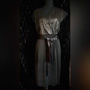 Black Satin-Waist evening midi dress with gold Sequin Bodice
